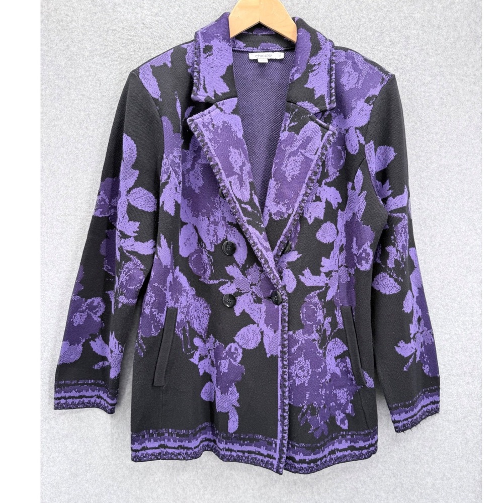Chico's Double Breasted Sweater Blazer Womens 1 M Purple Floral Knit Jacket